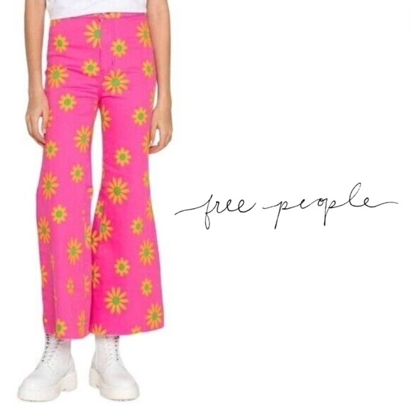 Free People Pants - Free People We The Free Youthquake Printed Crop Flare Jeans Lipstick Combo - 27